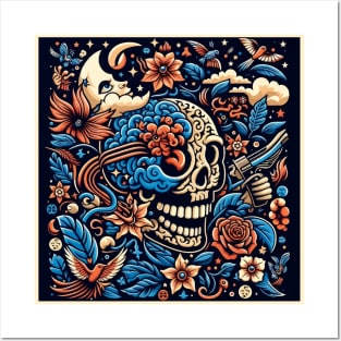 skull, flowers, brain and the moon Posters and Art